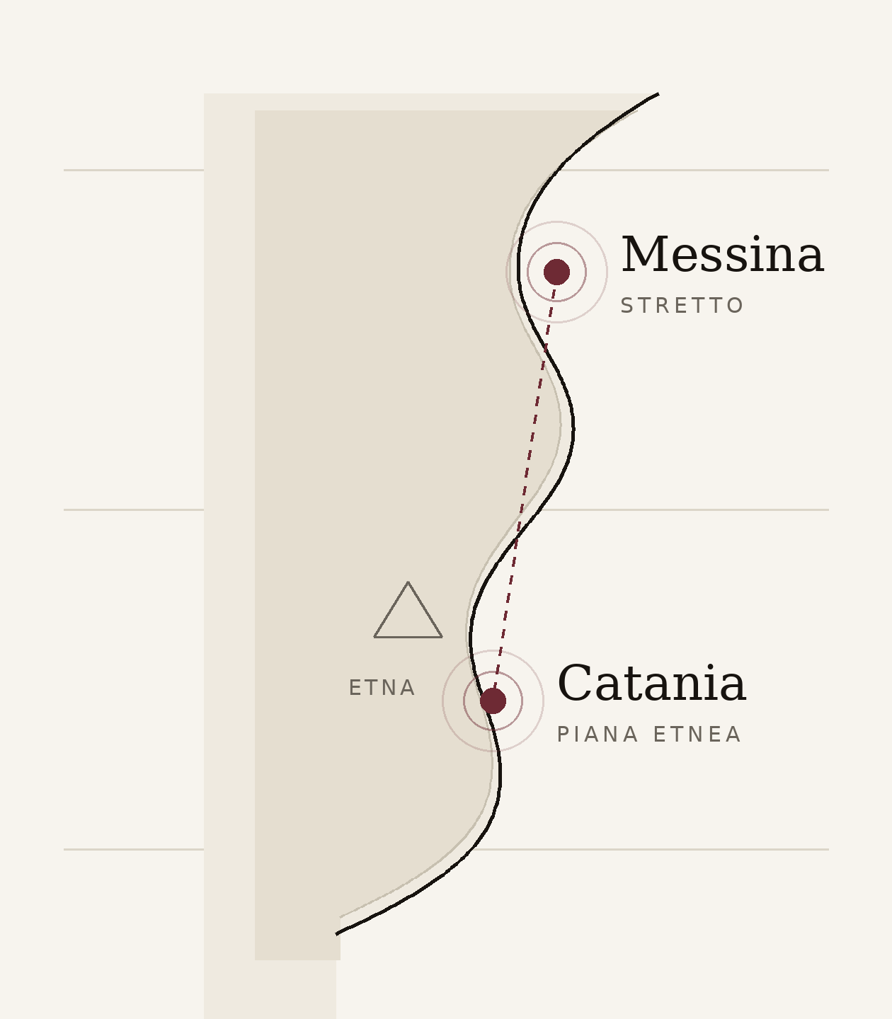 Mappa della Sicilia orientale: Messina e Catania
